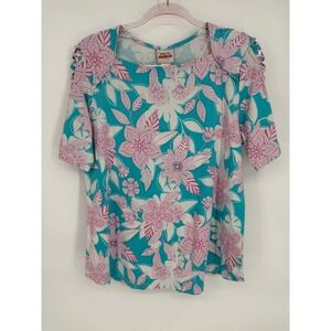 Ruby Rd. Favorites Floral Print Short Sleeve Top Cutout Cold Shoulder Large‎
